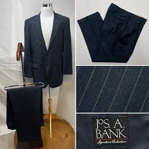 Men's Jos. A. Bank Navy Blue Orange Pinstripe 44L Blazer Jacket 39x30 Pants Suit